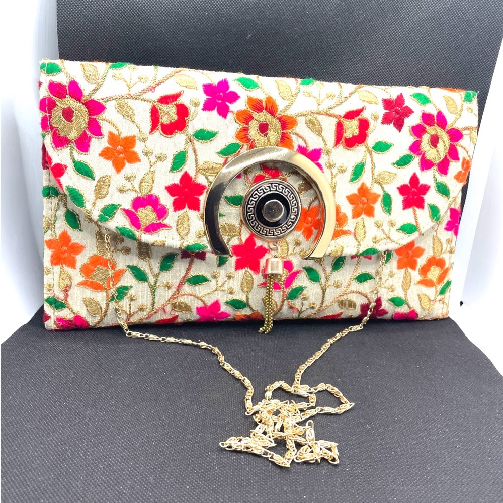 Indian Silk Floral EMBROIDERY CLUTCH PURSE Indian Ethnic Bag Chain With Strap